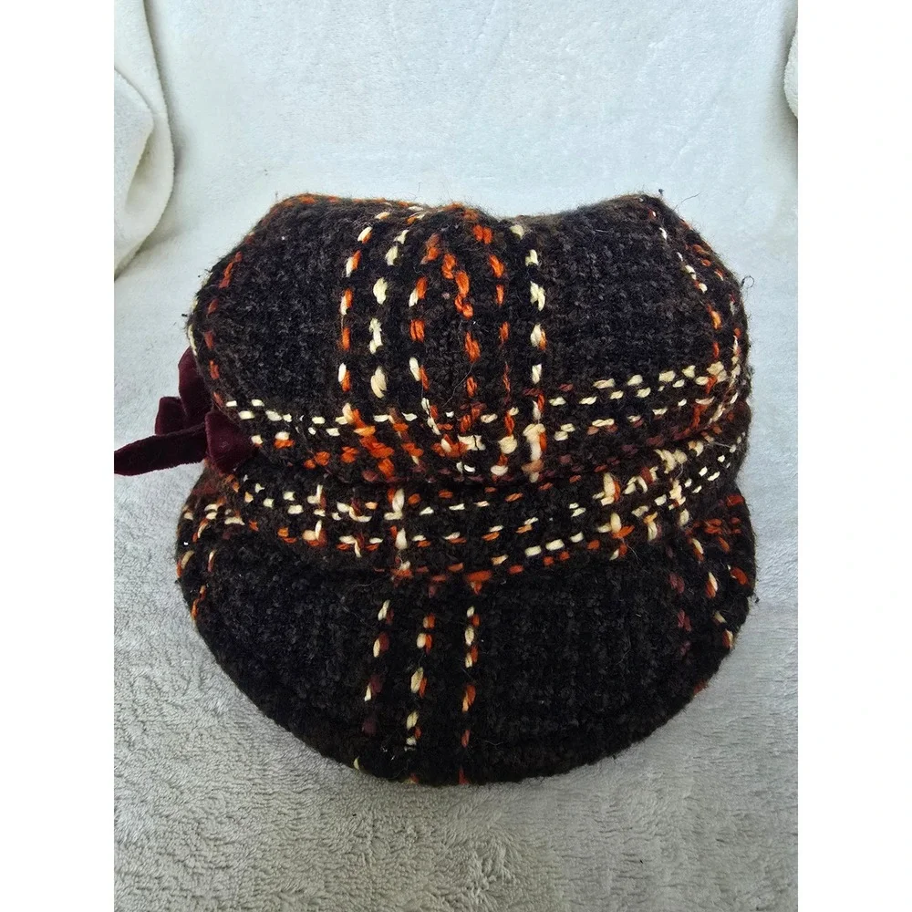 H&M Brown Orange Knit Cloche Bucket Hat Velvet Bow Vintage Style Womens SM 56cm